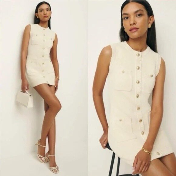 Reformation Catalina Cotton Sweater Knit Dress Button Front Cream Ivory Gold S - Picture 1 of 6